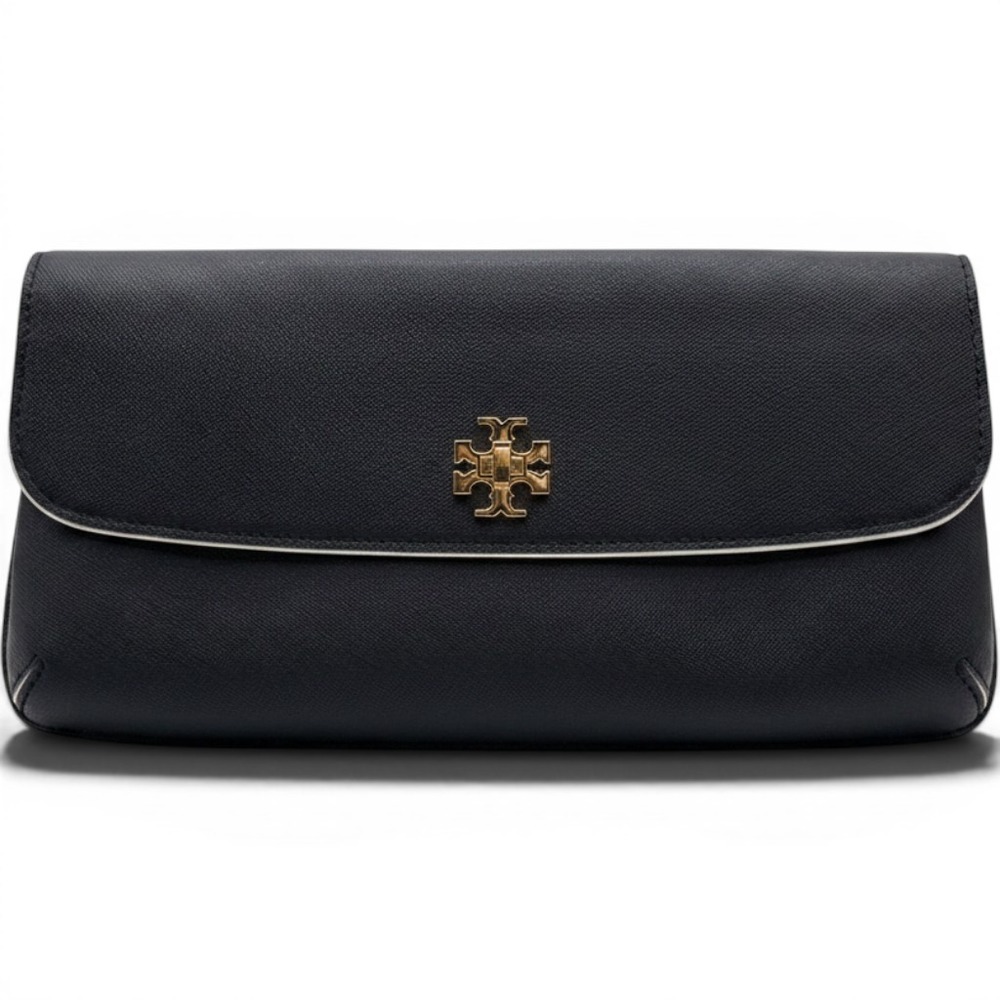Tory Burch Diana Slim Saffiano Leather Clutch, Navy Blue Gold Turnlock Preppy